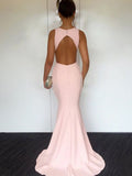 Elegant Pink Sleeveless Mermaid Open Back Sweep Train Evening Prom Dresses, SW0059