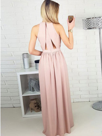 Gorgeous Pink Halter Key Hole Side Slit Unique Back Design Long Evening Prom Dresses, SW0060