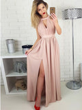 Gorgeous Pink Halter Key Hole Side Slit Unique Back Design Long Evening Prom Dresses, SW0060