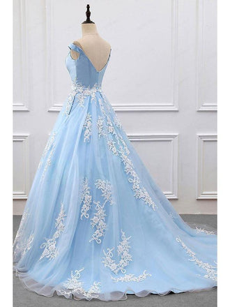 Off-the-shoulder V-neck Blue Tulle Applique Prom Dress Ball Gown DPB129