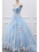 Off-the-shoulder V-neck Blue Tulle Applique Prom Dress Ball Gown DPB129
