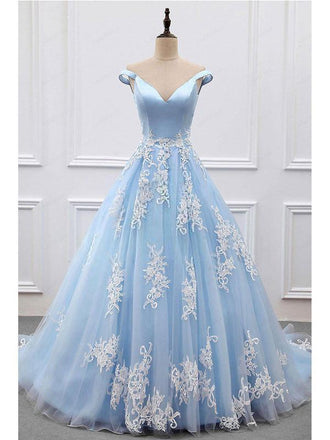 Off-the-shoulder V-neck Blue Tulle Applique Prom Dress Ball Gown DPB129