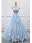 Off-the-shoulder V-neck Blue Tulle Applique Prom Dress Ball Gown DPB129