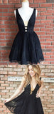 Pretty V Neck Sleeveless Black Lace A Line Short Homecoming Dress, BTW210