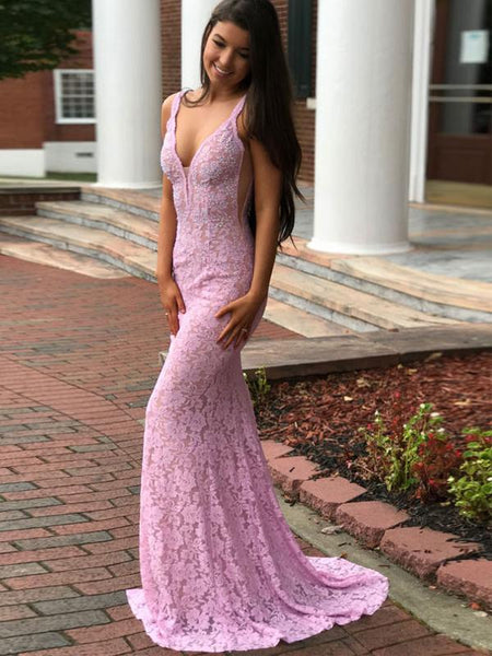 Fashion V Neck Open Back Full Lace Mermaid With Train Long Evening Prom Dresses, PD0001