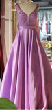 Elegant V Neck Sleeveless A Line Beaded Satin Long Evening Prom Dresses, PD0013