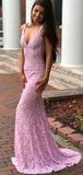 Fashion V Neck Open Back Full Lace Mermaid With Train Long Evening Prom Dresses, PD0001