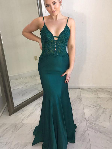 Sexy Hunter green Spaghetti Strap Open Back Mermaid Long Evening Prom Dresses, PD0022