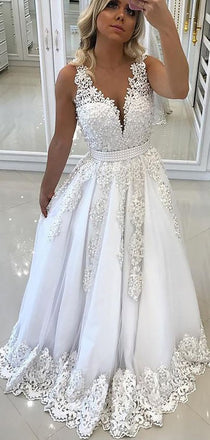 Elegant White Lace Applique V Back A Line Long Evening Prom Dresses, PD0010