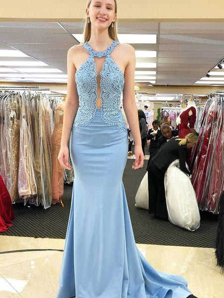 Halter Pale Blue Lace Top Mermaid With Train Long Evening Prom Dresses, PD0023