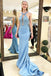 Halter Pale Blue Lace Top Mermaid With Train Long Evening Prom Dresses, PD0023