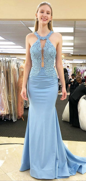 Halter Pale Blue Lace Top Mermaid With Train Long Evening Prom Dresses, PD0023