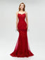 Elegant Spaghetti Strap Red Lace Mermaid Long Prom Dresses, MD612