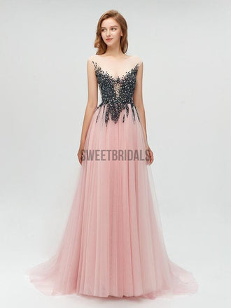 Fashion Round Neck A-line With Beads Long Prom Dresses, MD610
