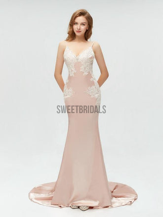 Simple V Neck Lace Applique Backless Mermaid Long Prom Dresses, MD602