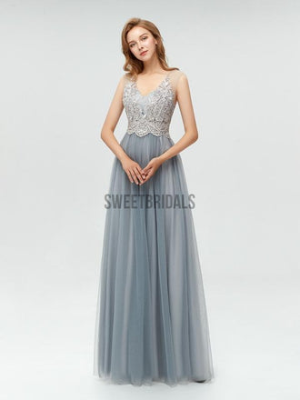 Elegant V Neck Lace Top Tulle A-line Floor Length Long Prom Dresses, MD606