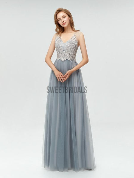 Elegant V Neck Lace Top Tulle A-line Floor Length Long Prom Dresses, MD606