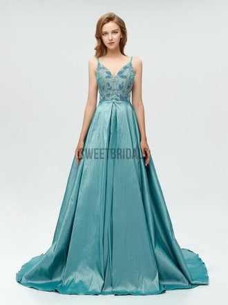 Unique Taffeta Backless A-line Long Prom Dresses With Beads,MD603
