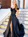 Chic Off Shoulder Black Satin Applique Long Evening Prom Dresses, PD0030