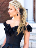 Chic Off Shoulder Black Satin Applique Long Evening Prom Dresses, PD0030