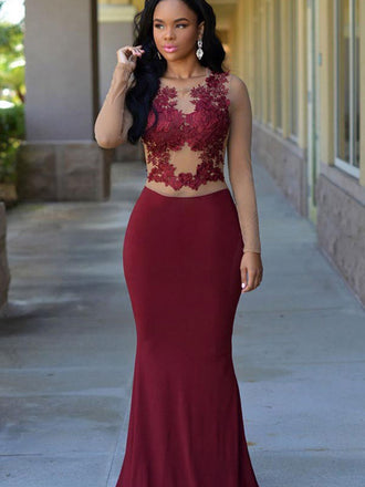 Long Sleeves Round Neck Applique Mermaid Long Evening Prom Dresses, PD0025