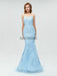 Discount Spaghetti Strap Light Blue Lace Applique Mermaid Long Prom Dresses, MD605