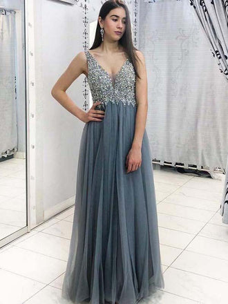 Sleeveless Beaded Tulle A Line Floor Length Long Evening Prom Dresses, PD0026