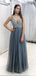 Sleeveless Beaded Tulle A Line Floor Length Long Evening Prom Dresses, PD0026