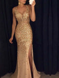 Gold Sleeveless Rhinestone Mermaid Long Evening Prom Dresses, PD0027
