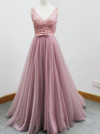 Elegant V Neck Open Back Tulle A Line Beaded Long Evening Prom Dresses, PD0028
