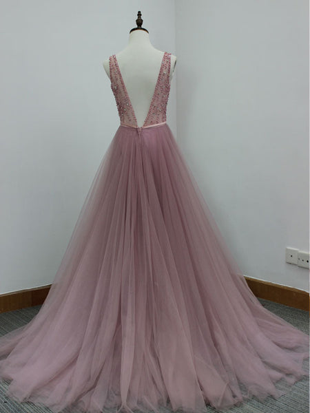 Elegant V Neck Open Back Tulle A Line Beaded Long Evening Prom Dresses, PD0028