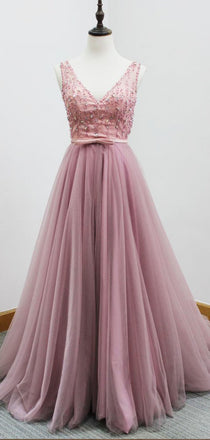 Elegant V Neck Open Back Tulle A Line Beaded Long Evening Prom Dresses, PD0028
