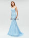 Discount Spaghetti Strap Light Blue Lace Applique Mermaid Long Prom Dresses, MD605