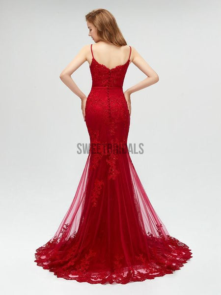 Elegant Spaghetti Strap Red Lace Mermaid Long Prom Dresses, MD612