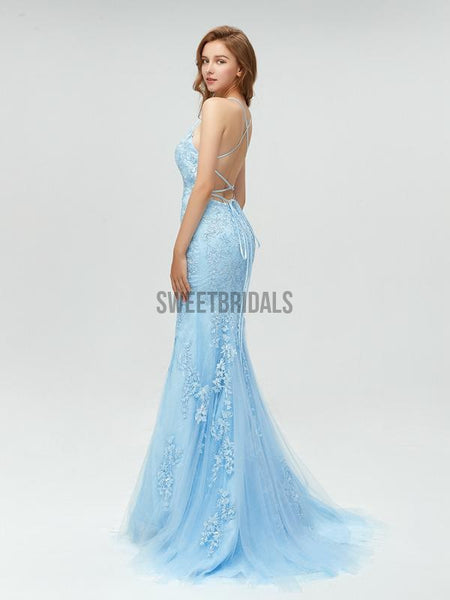 Discount Spaghetti Strap Light Blue Lace Applique Mermaid Long Prom Dresses, MD605