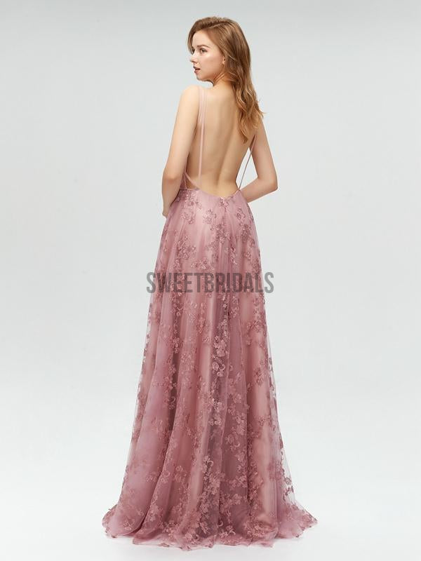 Pretty Deep V Neck Backless A-line Lace Long Prom Dresses, MD604