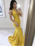 Sexy Yellow Deep V Neck Mermaid Sweep Trailing Long Evening Prom Dresses, PD0005