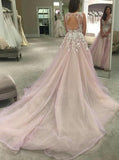 Pretty Pink Lace Top V Neck Tulle A Line With Train Long Evening Prom Dresses, PD0017