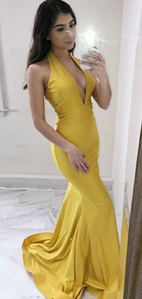 Sexy Yellow Deep V Neck Mermaid Sweep Trailing Long Evening Prom Dresses, PD0005