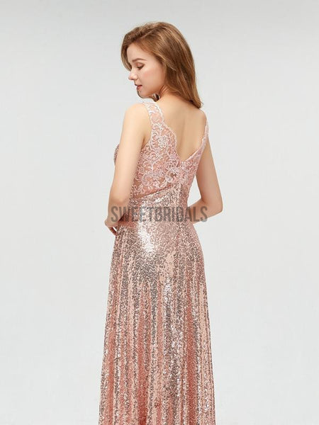 Sparkly Sequin Sleeveless V Back A-line Long Prom Dresses, MD608