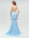 Discount Spaghetti Strap Light Blue Lace Applique Mermaid Long Prom Dresses, MD605