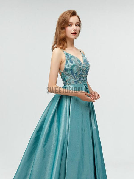 Unique Taffeta Backless A-line Long Prom Dresses With Beads,MD603