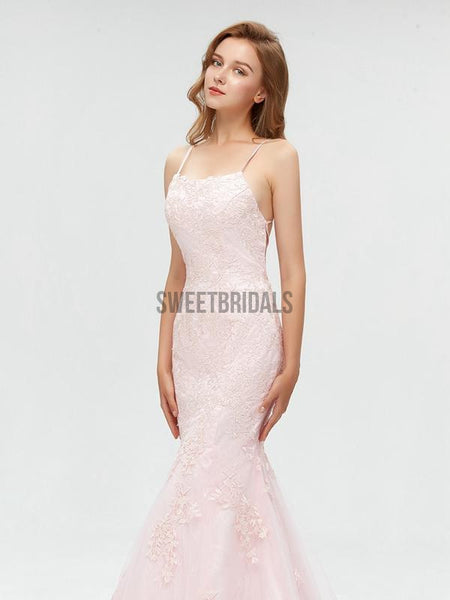 Elegant Spaghetti Strap Pink Lace Applique Mermaid Long Prom Dresses,MD601