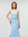 Discount Spaghetti Strap Light Blue Lace Applique Mermaid Long Prom Dresses, MD605