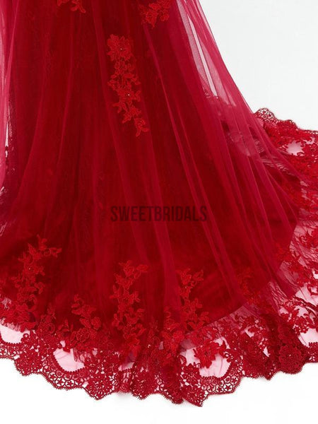 Elegant Spaghetti Strap Red Lace Mermaid Long Prom Dresses, MD612