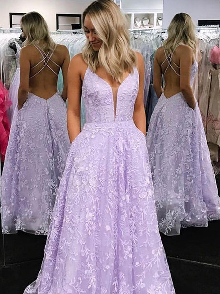 Elegant Lilac Criss Cross Lace A Line Long Evening Prom Dresses, PD0031