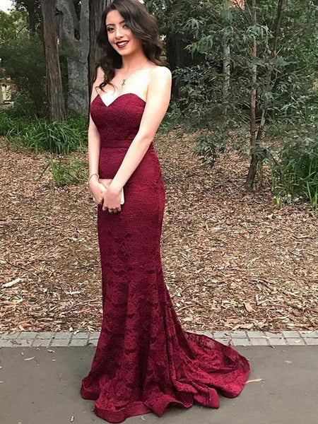 Burgundy Sweetheart Full Lace Mermaid With Train Long Evening Prom Dresses, PD0019