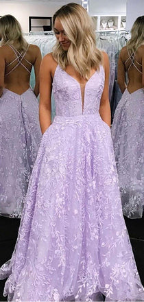 Elegant Lilac Criss Cross Lace A Line Long Evening Prom Dresses, PD0031