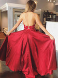 Halter Red Lace Applique Satin A Line Backless Long Evening Prom Dresses, PD0007