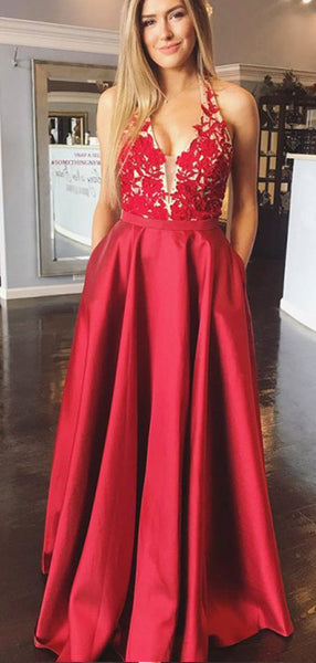 Halter Red Lace Applique Satin A Line Backless Long Evening Prom Dresses, PD0007